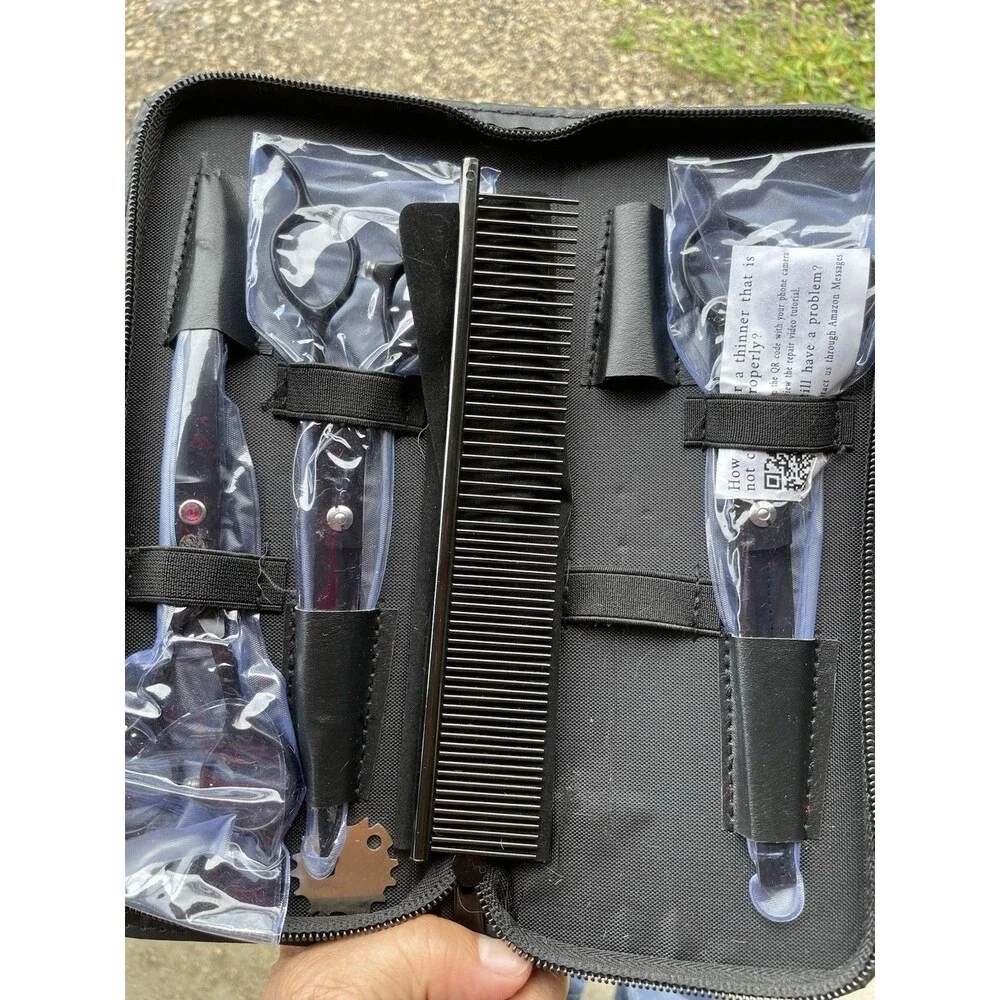 Purple Dragon Dog Grooming Kit 7.0” Left Hand Stainless Curved Scissors 5 Pcs.